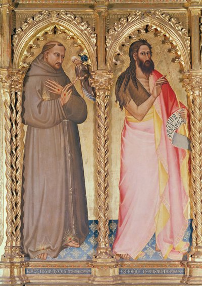 St. Franciscus van Assisi en St. Johannes de Doper, detail van de Maagd en Kind op de troon omringd door heiligen door Giovanni del Biondo dal Casentino